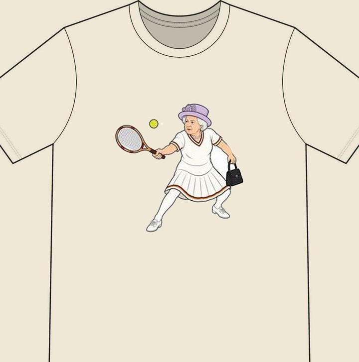 Queen Elizabeth II illustrated on a natural tennis T-shirt