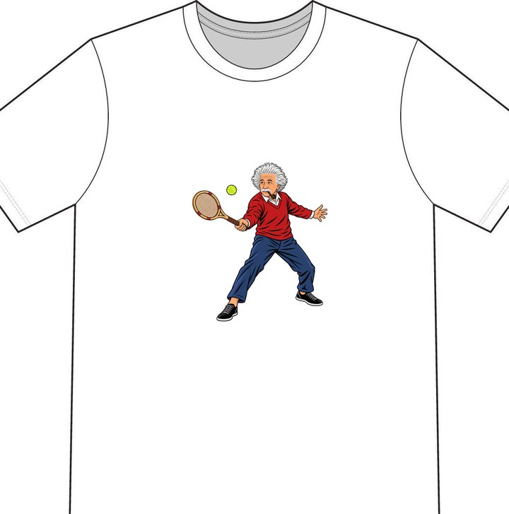 Albert Einstein illustrated on a white tennis T-shirt