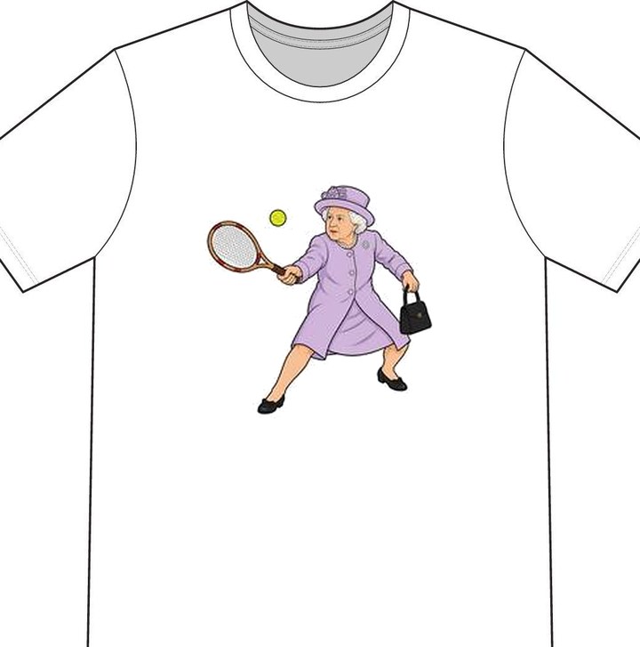 Queen Elizabeth II illustrated on a white tennis T-shirt