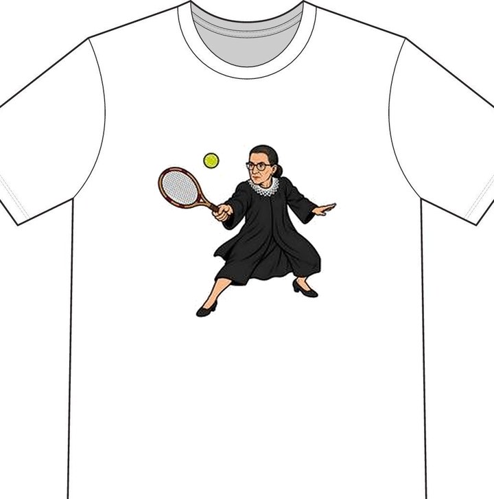 Ruth Bader Ginsburg illustrated on a white tennis T-shirt
