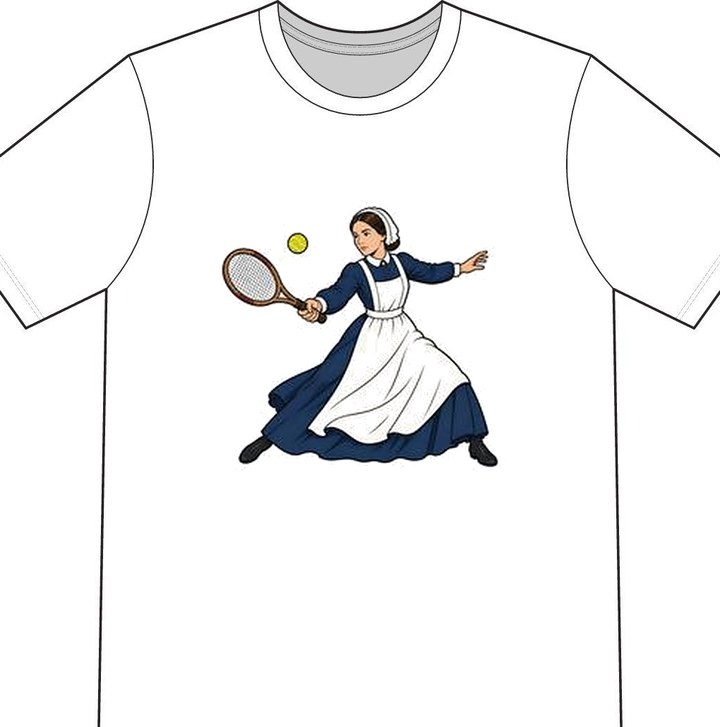 Florence Nightingale illustrated on a white tennis T-shirt