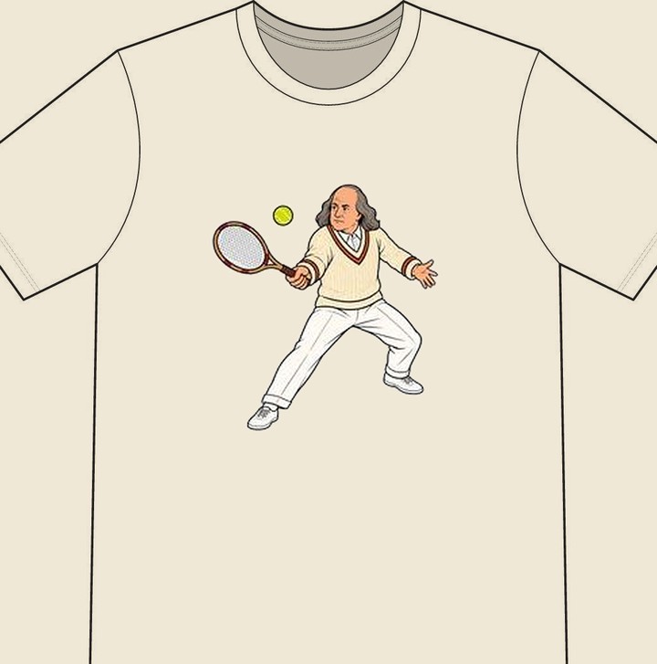 Benjamin Franklin illustrated on a natural tennis T-shirt
