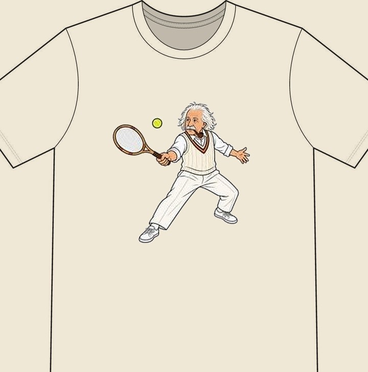 Albert Einstein illustrated on a natural tennis T-shirt