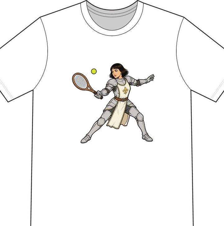 Joan of Arc illustrated on a white tennis T-shirt