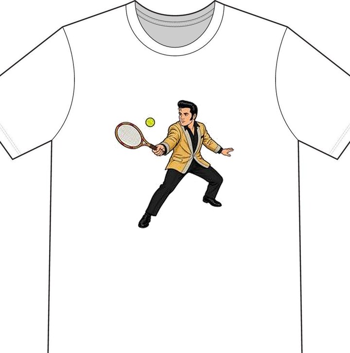 Elvis Presley illustrated on a white tennis T-shirt