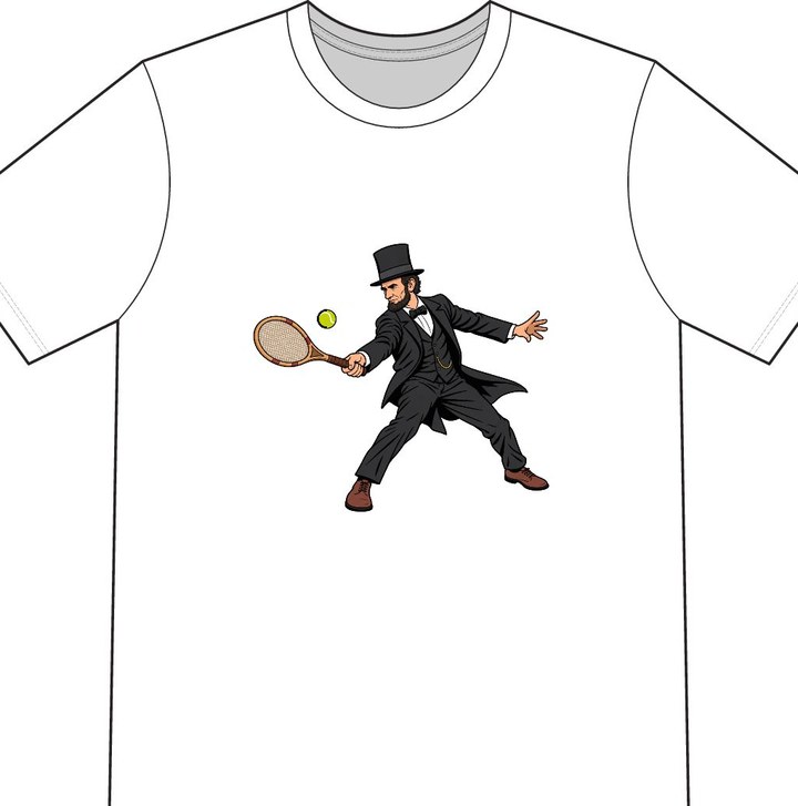 Abraham Lincoln illustrated on a white tennis T-shirt