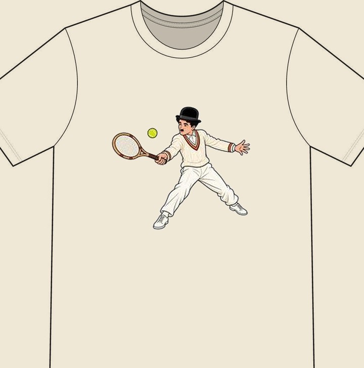 Charlie Chaplin illustrated on a natural tennis T-shirt