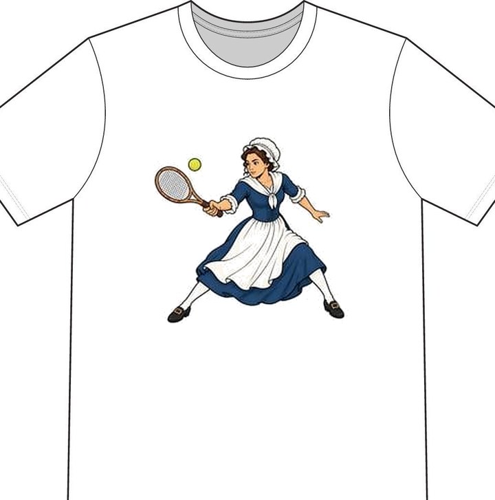 Betsy Ross illustrated on a white tennis T-shirt
