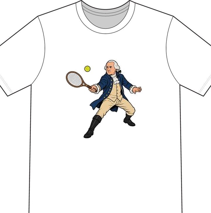 George Washington illustrated on a white tennis T-shirt