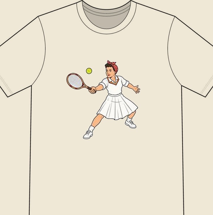 Rosie the Riveter illustrated on a natural tennis T-shirt