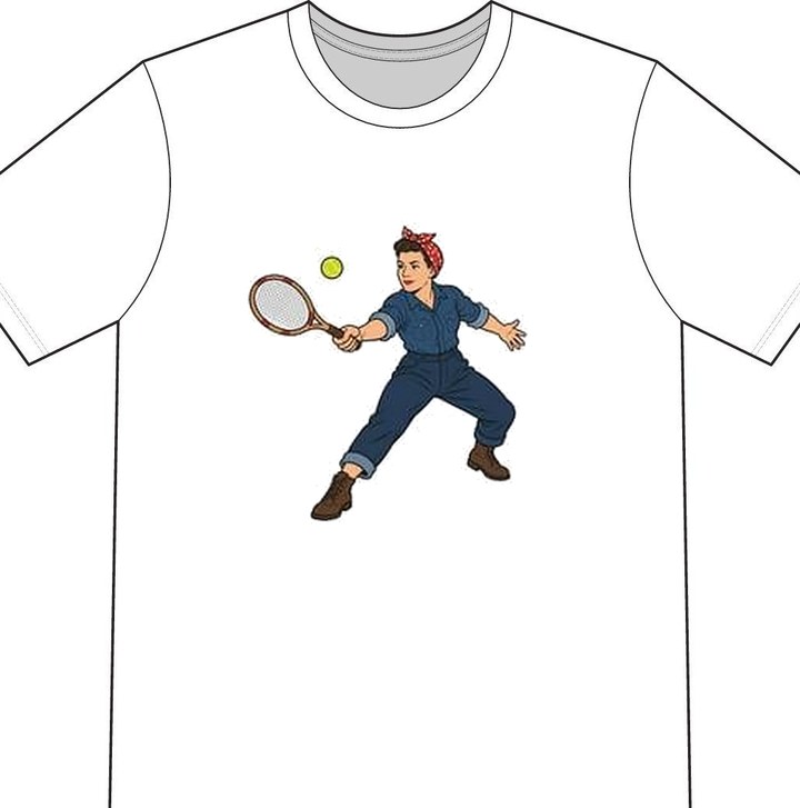 Rosie the Riveter illustrated on a white tennis T-shirt