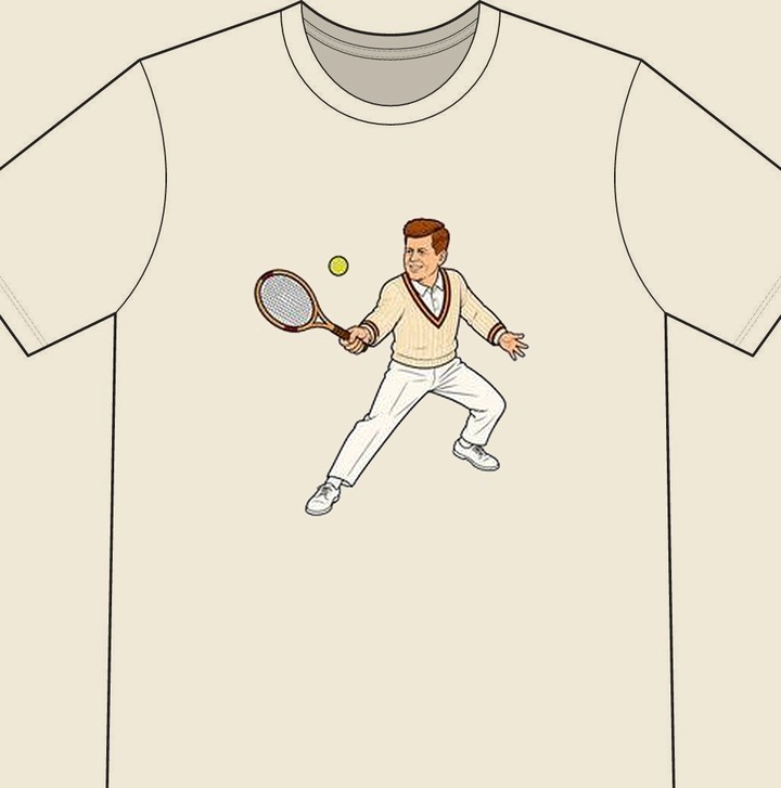 John F. Kennedy illustrated on a natural tennis T-shirt