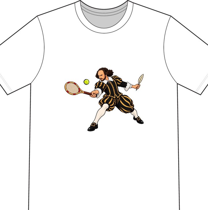 William Shakespeare illustrated on a white tennis T-shirt