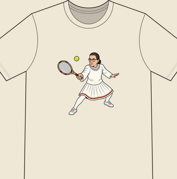 Ruth Bader Ginsburg illustrated on a natural tennis T-shirt