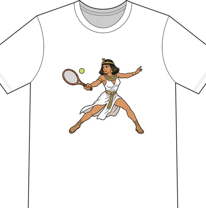 Cleopatra illustrated on a white tennis T-shirt