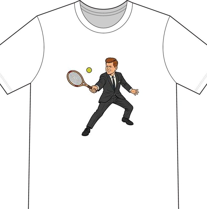 John F. Kennedy illustrated on a white tennis T-shirt