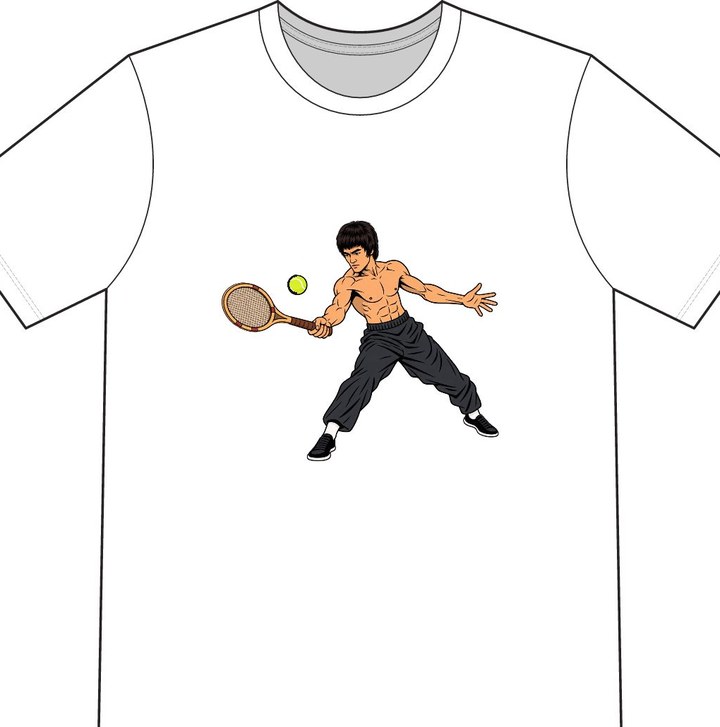 Bruce Lee illustrated on a white tennis T-shirt