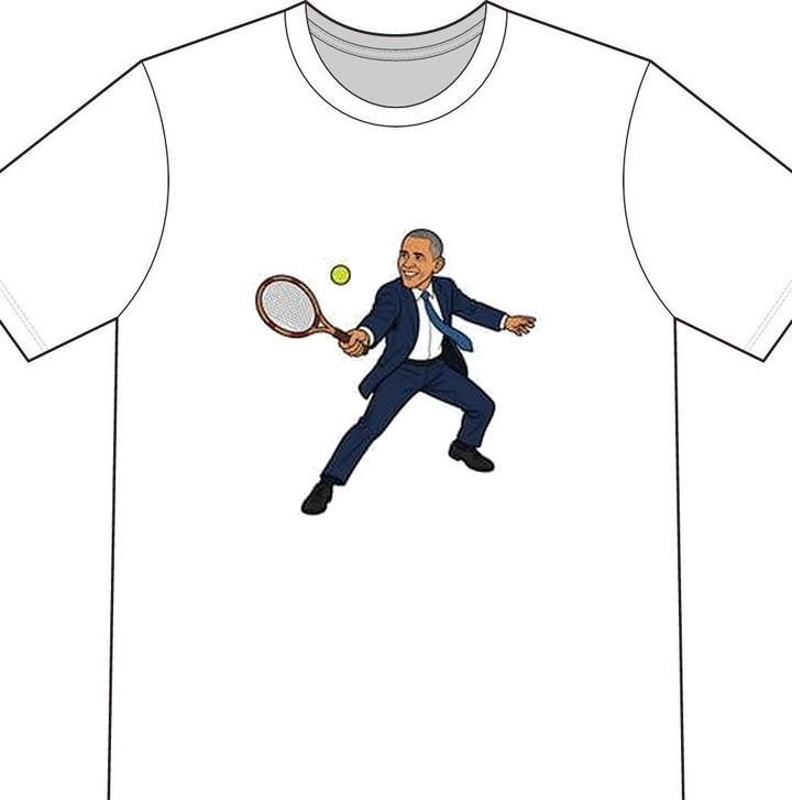 Barack Obama illustrated on a white tennis T-shirt