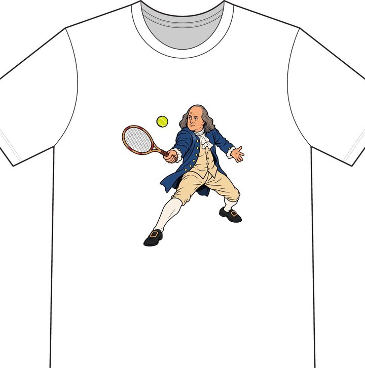 Benjamin Franklin illustrated on a white tennis T-shirt