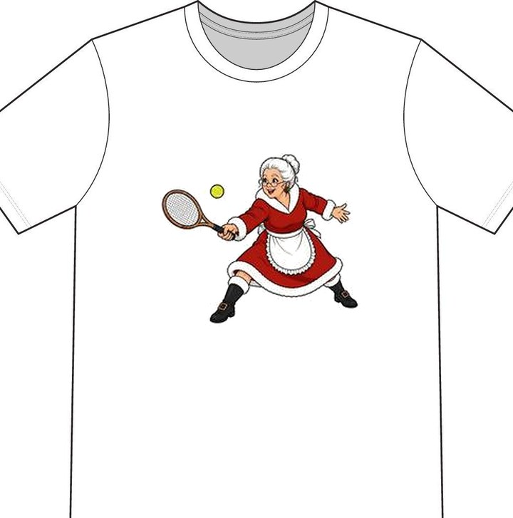 Mrs. Claus illustrated on a white tennis T-shirt