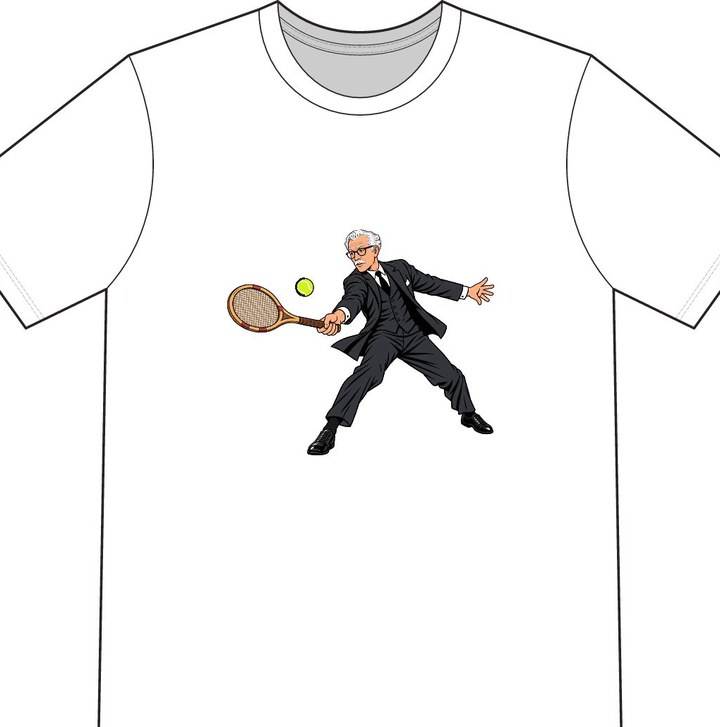 The Butler illustrated on a white tennis T-shirt