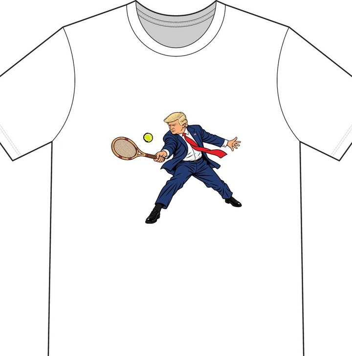 Donald Trump illustrated on a white tennis T-shirt